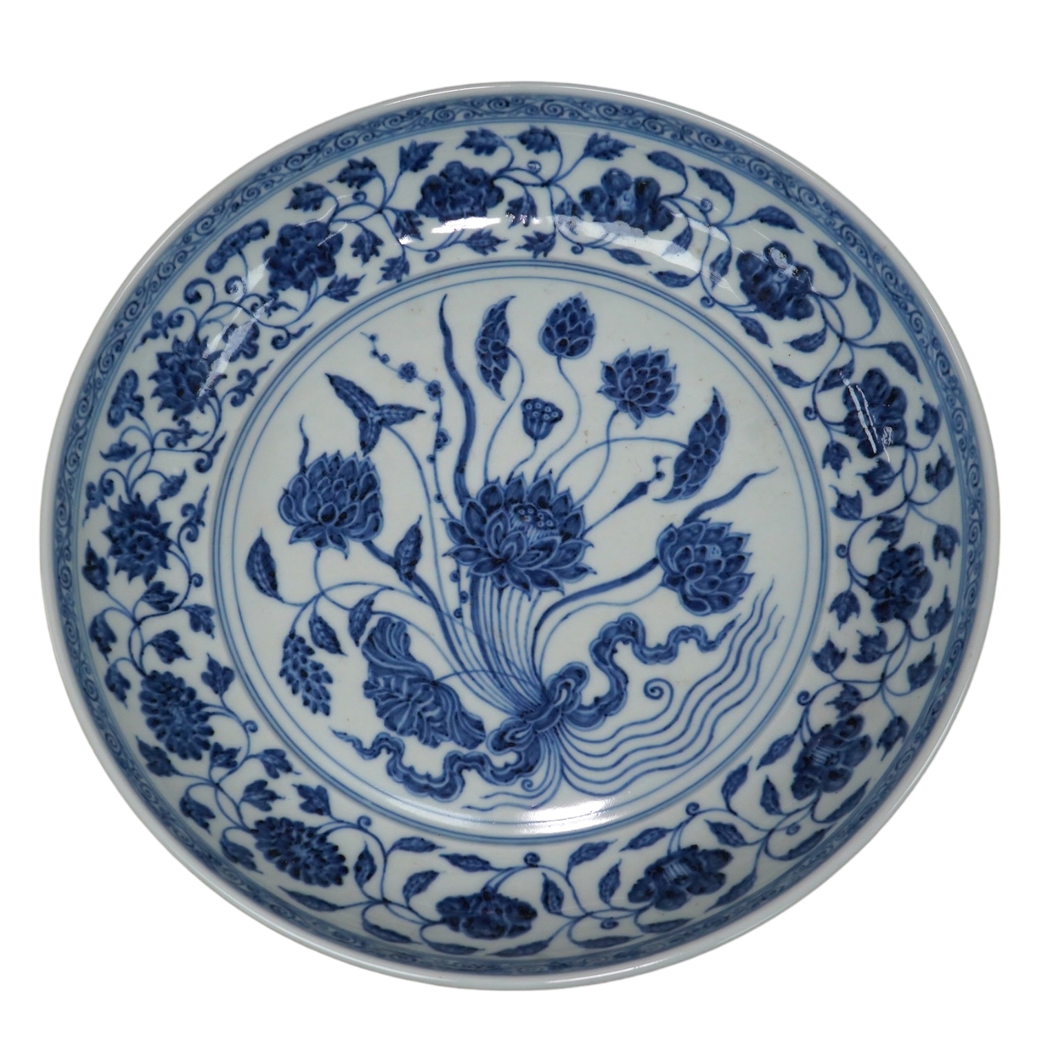 A large Chinese blue and white floral bowl, 31cm in diameter. Condition - good